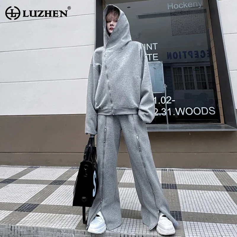 LUZHEN Original Personalized Streetwear Slant Zipper Design Hooded Sweatshirt Men's 2025 Spring Loose Casual Pants Sets LZ8380