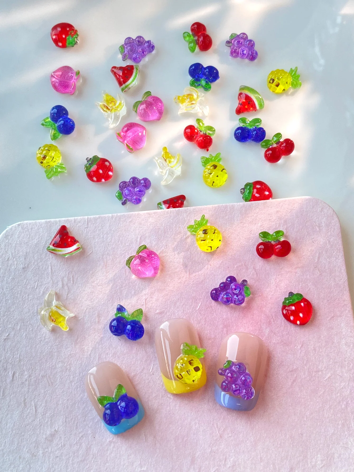 100 Uds mezcla agua melón fresa estilo coreano dijes para decoración de uñas 3D plátano piña uvas arándano resina accesorios para uñas