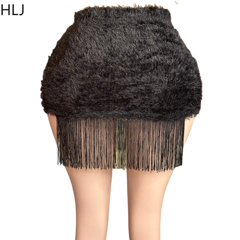 HLJ Black Sexy Y2K Punk Streetwear Women Chain Lace Up Slim Tube And Fur Tassels Mini Skirts Two Piece Sets Fashion 2pcs Outfits