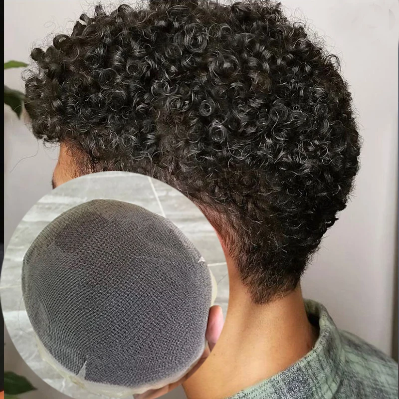 15mm Afro rizado línea de cabello Natural completo encaje suizo hombres peluquín cabello humano nudos blanqueados rubio gris marrón masculino capilar Prothesis