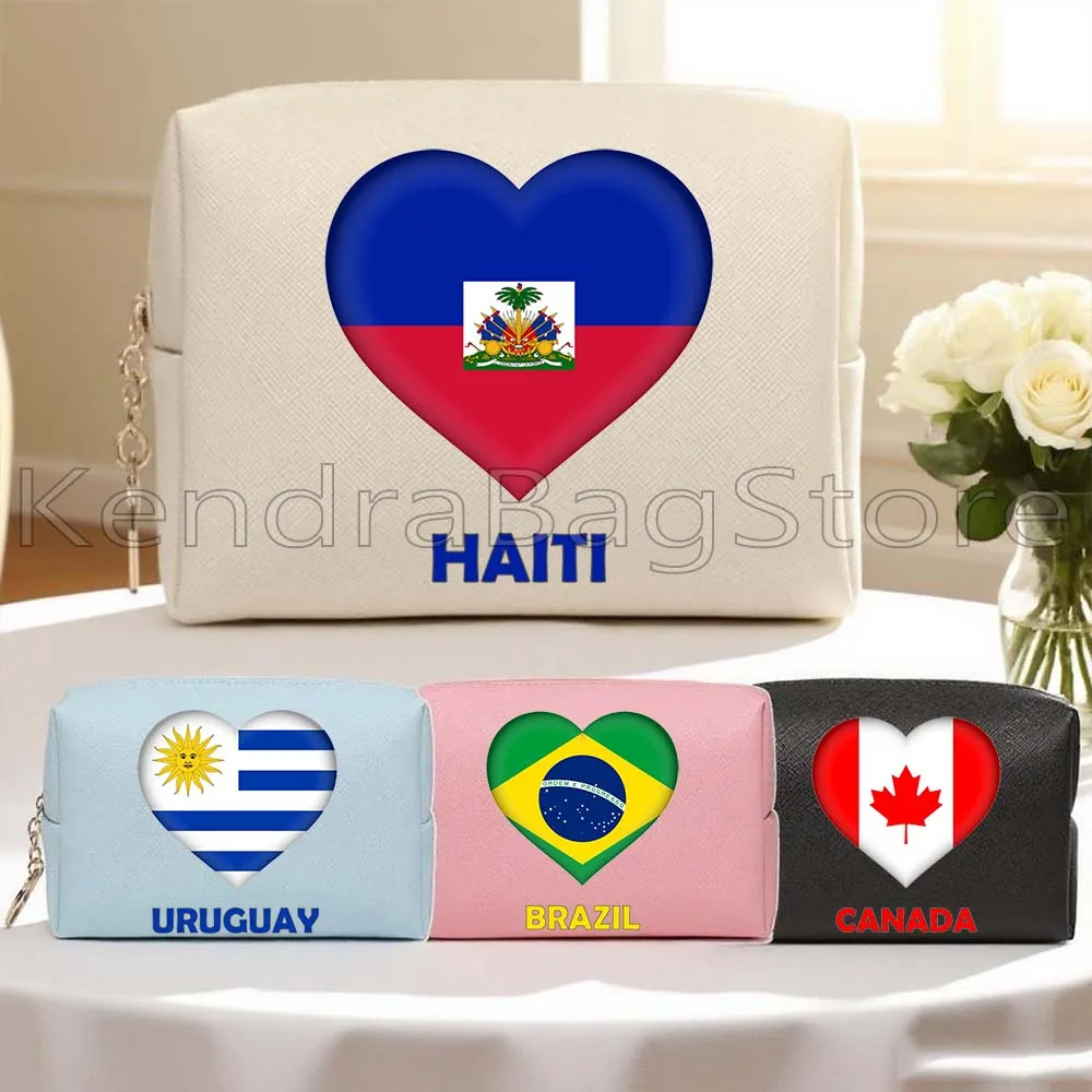 

Canada Brazil Croatia Germany Haiti Iceland Uruguay Heart Flag PU Leather Travel Cosmetic Bags Women Makeup Case Waterproof Bag