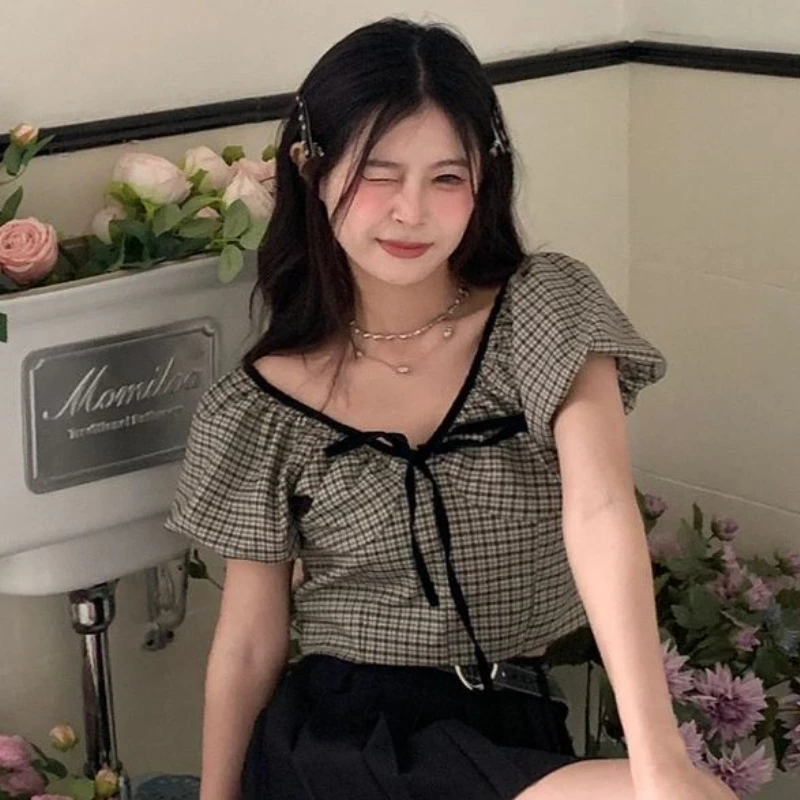 Plaid Blouses Women Bandage Crop Tops Chic Hotsweet Puff Sleeve Casual Girlish Vintage Summer Ulzzang Tender All-match College