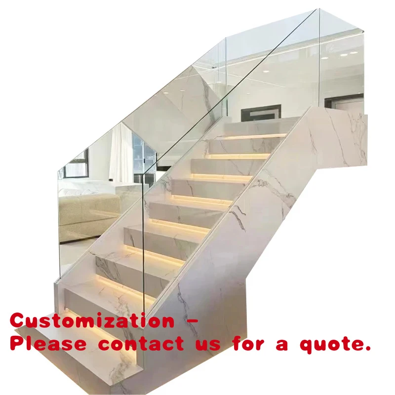 

custom.Factory Price Easy-to-Install U-Type Stair with LED Lights Anti-Slip Treads Tempered Glass Wood Marble Staircase