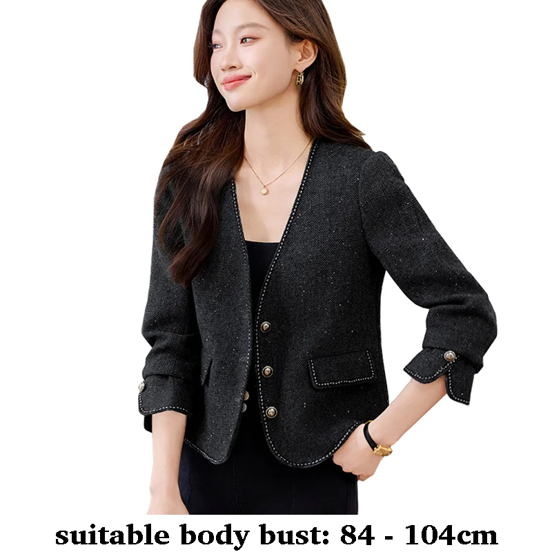 

Высококачественный женский шерстяной винтажный пиджак с v-образным вырезом и вышивкой, осень-зима 2025, элегантная офисная одежда, синий, черный