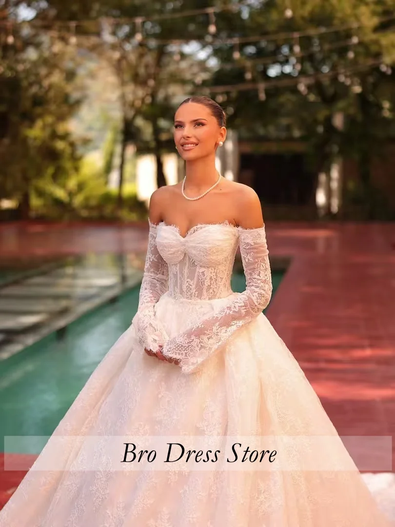 Customized Romantic Off Shoulder Lace Wedding Dress Long Sleeve Sweetheart Corset Ball Gown Bridal Dress Vestido De Novia