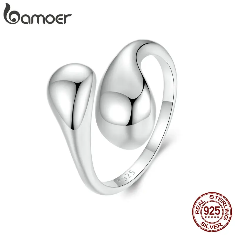 BAMOER 925 Sterling Silver Chunky Adjustable Water Droplet Rings Handmade High Polished Thumb Band Statement Ring for Women Girl