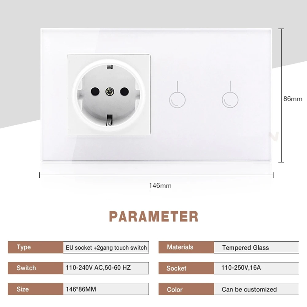 146 Light Switch EU Plug Socket Tempered Glass Touch Panel 1/2/3 Gang Lamp interrupter Conjoined Electric Outlets Office Home