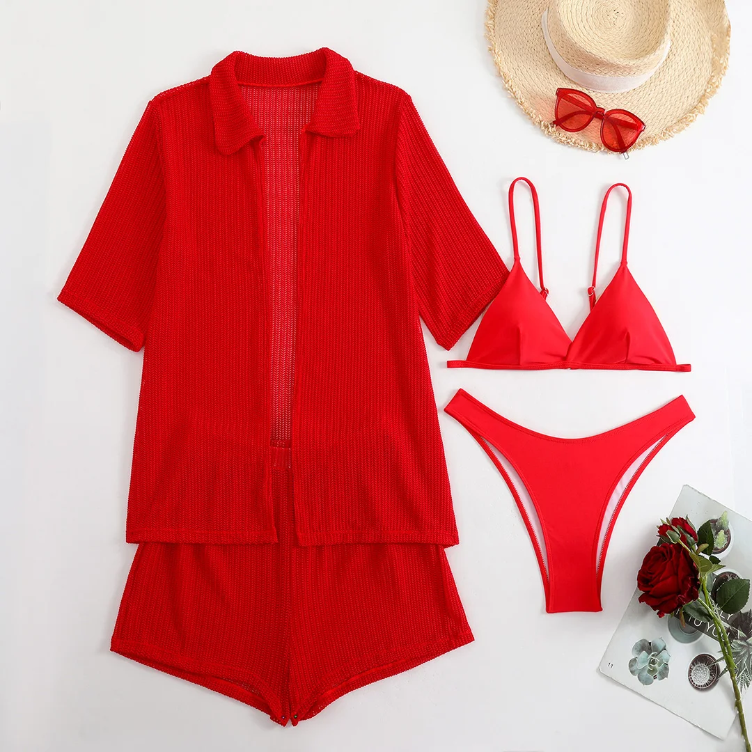 Mit Hemd, Shorts, Neckholder, brasilianischer Bikini, Damen-Badeanzug, Damen-Bademode, vierteiliges Bikini-Set, Badeanzug, Badebekleidung, Schwimmbekleidung V5716H – Detail 20