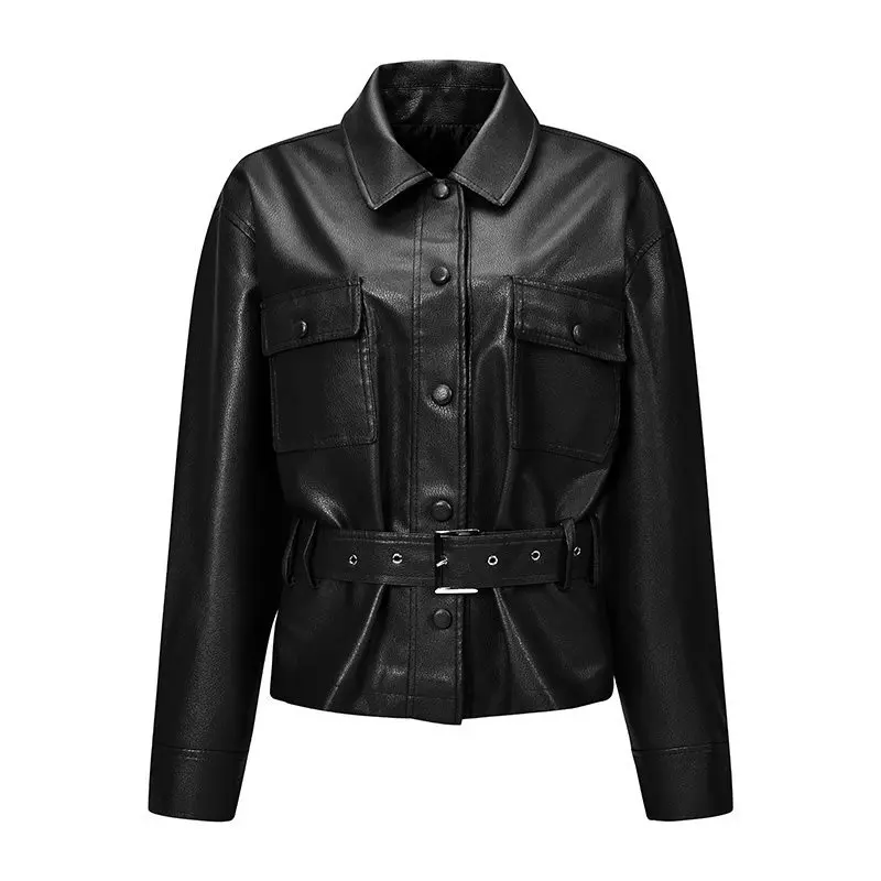 Fall 2026 Women's Casual Pure Color American Retro PU Leather Jacket with Belt Short Length Ultra-Thin Outerwear Coat