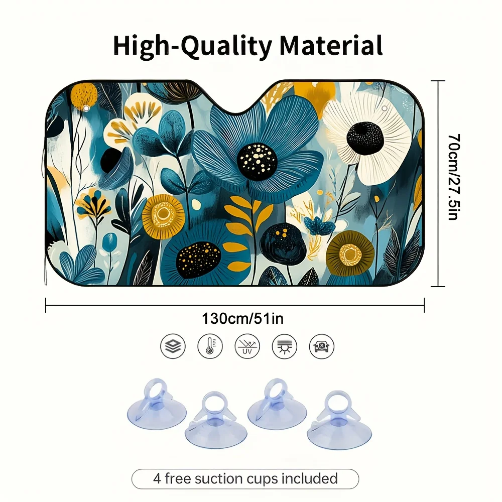1pc A Blue And Golden Floral Car Sun Visor, Perfect For Quick Stops And Waiting, Minimizes Sun Exposure On The Dashboard