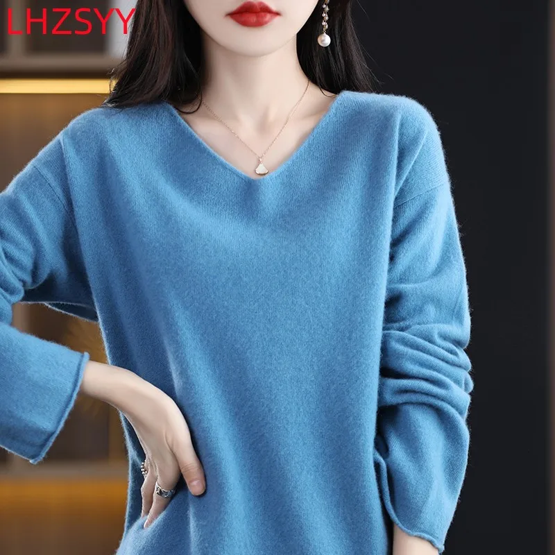 LHZSYY Fashion Women\' V-Neck Two Piece Dress 100%Pure Wool Pullovers Knit Half Skirt Spring New Large Size Cashmere Suit Sweater