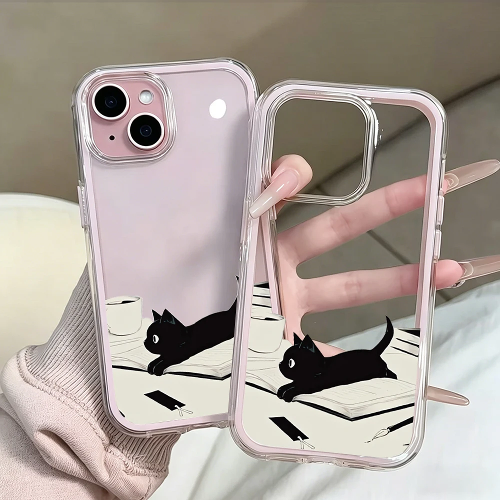 Niedliche, lustige schwarze Katze transparente Handyhülle für iPhone 11 12 13 14 15 16 17 Pro Max Plus Air, stoßfeste Schutzhülle – Detail 6