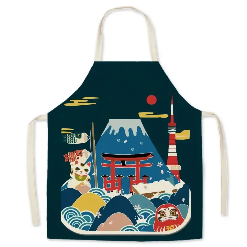 Japanese style Ukiyo pattern decorative sleeveless apron cotton and linen kitchen apron women's home cooking baking bib