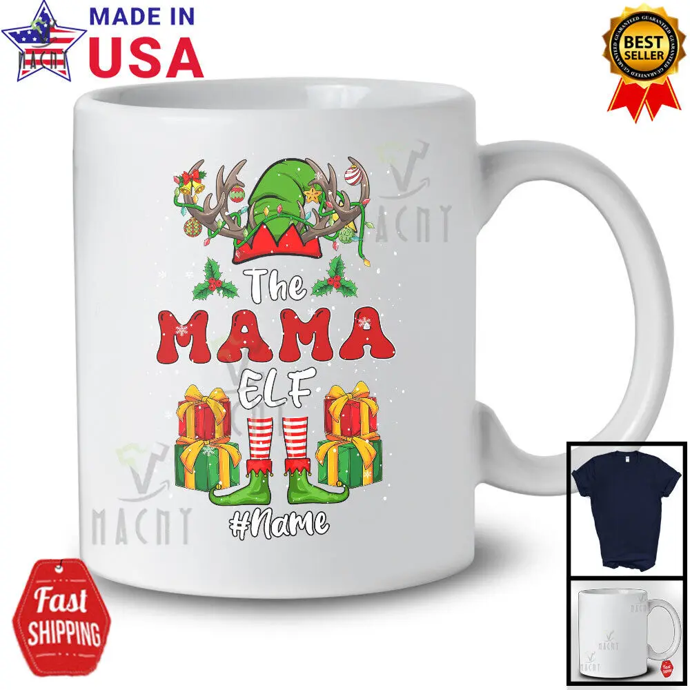 Custom Name The Mama Elf; Awesome Christmas Elf Reindeer; Family Group T-Shirt