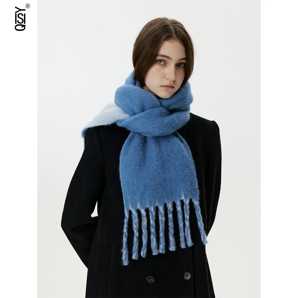 

A Thick Wool Tassel Double-sided Solid Color Scarf, A Thick and Warm Winter Shawl for Women