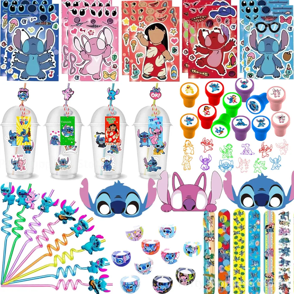 Lilo Stitch Party Gift Supplies Slapping Bracelets Reusable Drinking Straws Stamp face Stickers Bags Ring Kids Birthday Party