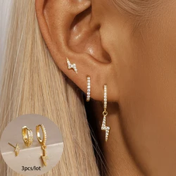 3PCS Fashion Stainless Steel Gold Color Lightning Hoop Earrings Set For Women Trendy Charm Lightning Stud Earring Korean Jewelry