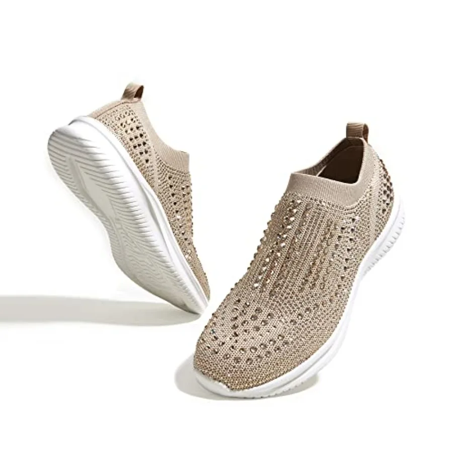 BELOS Zapatos para caminar de malla con diamantes de imitación para mujer, zapatillas de deporte transpirables con purpurina a la moda