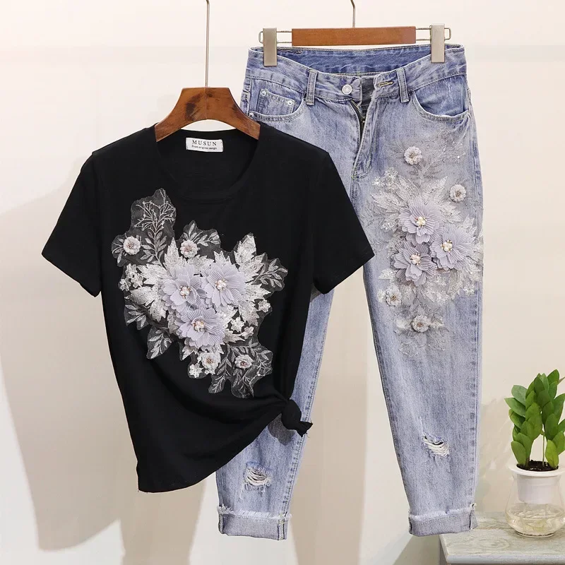 

2 Piece Set for Women Y2k Jeans Suit Beading Embroidery Tshirt Tops + High Waist Hole Tunic Pants Sets Casual Outfits A576