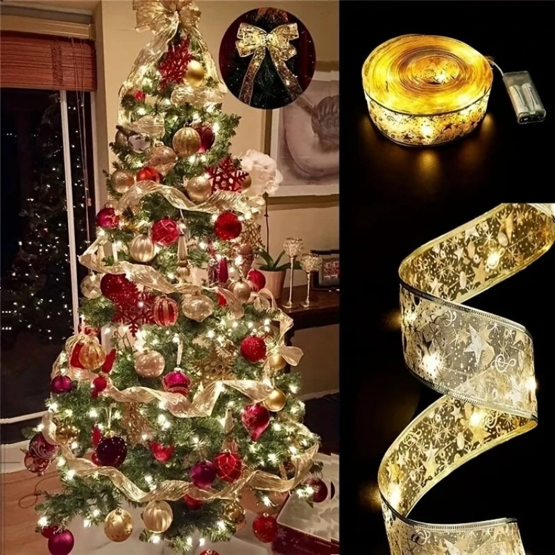 LED Christmas Tree Bow Ribbon String Lights Battery-Powered Warm White Decorative Fairy Lights for Wedding Holiday New Year Xmas