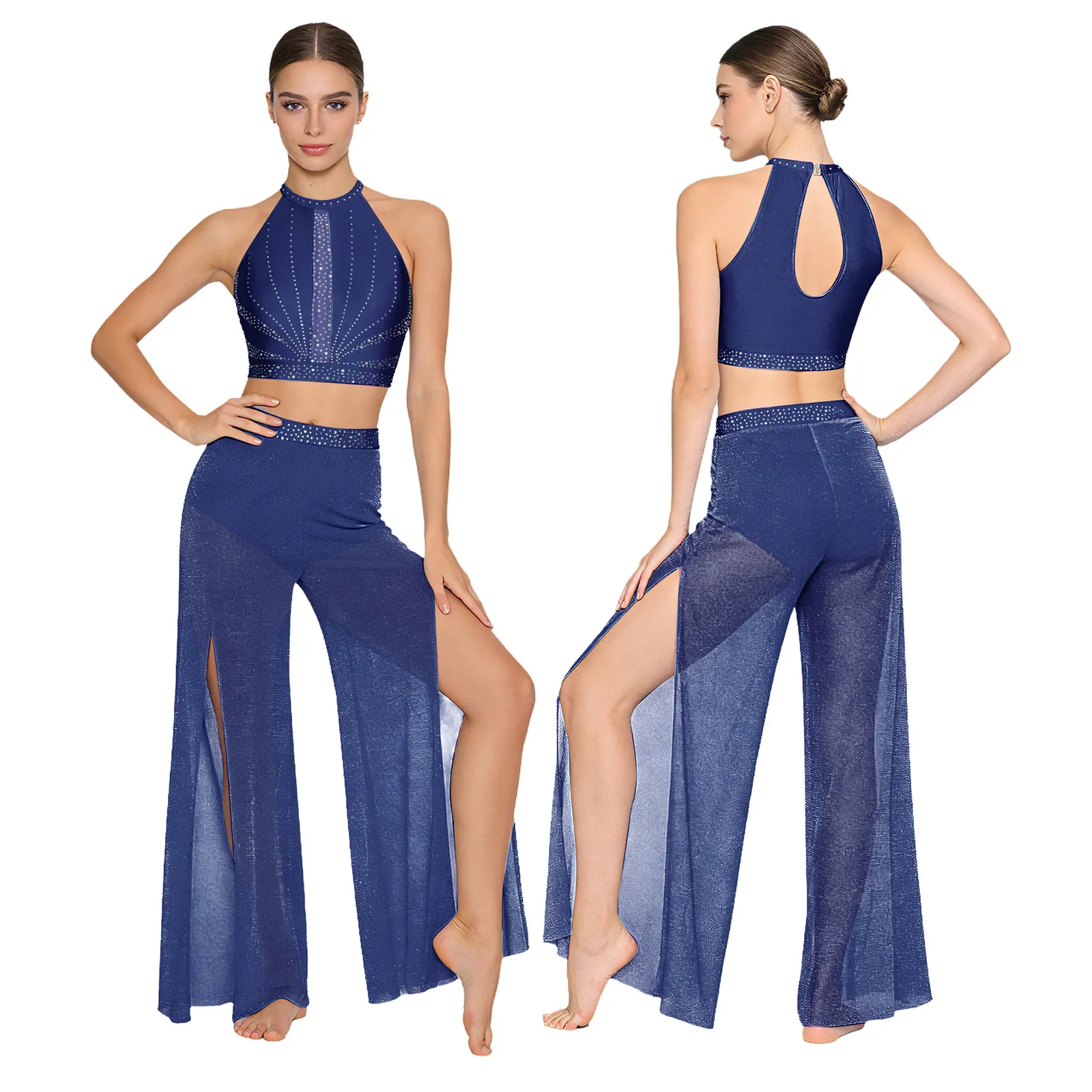 

Women Shimmery Sequin Gymnastic Figure Skating Performance Suit Sleeveless Tank Top And Sheer Mesh Pants Outfit Modern Dancewear