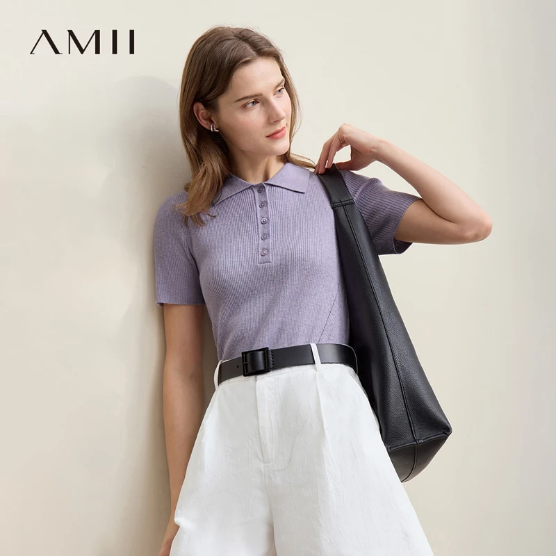 

Amii Women's Sweater 2026 Spring New POLO Collar Half‑Placket Knitted Sweater Women's Short Sleeve Pullover Knitwear 12651020