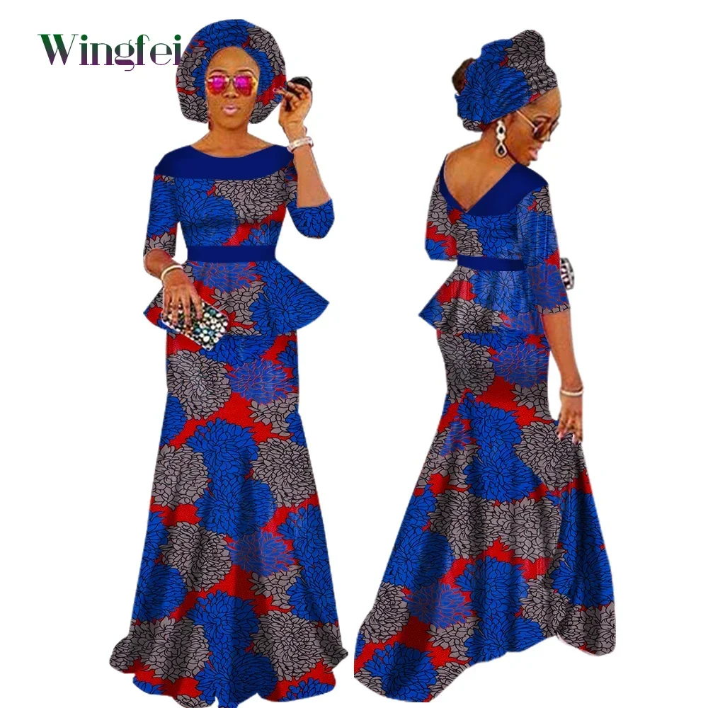 African Clothes for Women Skirt Set Fashion Robe Africaine Dashiki Party Wedding Dress 2 Pieces Set with African Headwrap WY1630