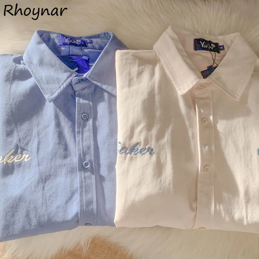 Shirts Frauen Alle-spiel Paar Mode Brief-bestickt Sommer drehen-unten Kragen Vintage Harajuku Koreanischen Stil Einfache weibliche Top