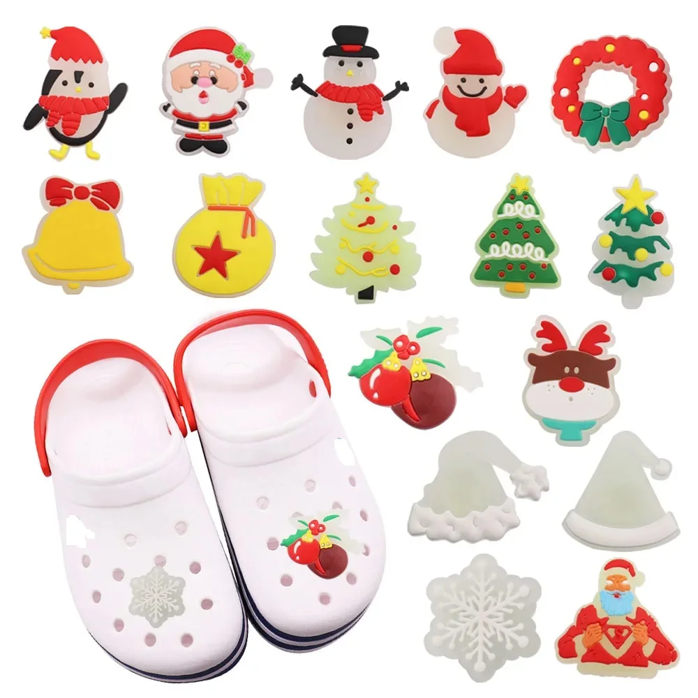 1-16PCS PVC Grow on The Night Luminous Christmas Tree Snowflake Santa Claus Elk Snowman Shoe Charms Children Adorable Decoration