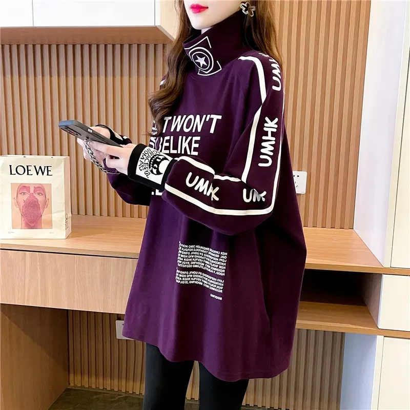 Spring Autumn 2024 Long-sleeved Pullover T-shirt Women's New Loose Plus Size Tops Bottoming Shirt Female Fashion Letter Sweater