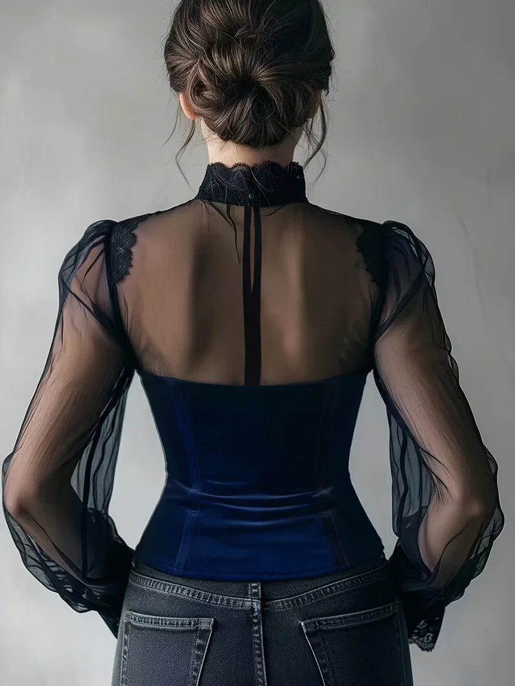 Vintage Elegante Mesh-Damenbluse Schwarze Transparente Slim-Fit Bluse mit Hohem Kragen Spitze Gothic Punk Korsett-Top Langarm Samt Mode-Blusen – Detail 16