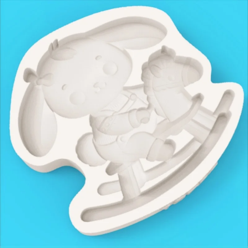 Silicone Mold with Cheerful Rabbit Design for Riding Wooden Horse and Rocking Car, Animal-Themed Birthday Cake Chocolate Fondant Decoration Making Mold view 3