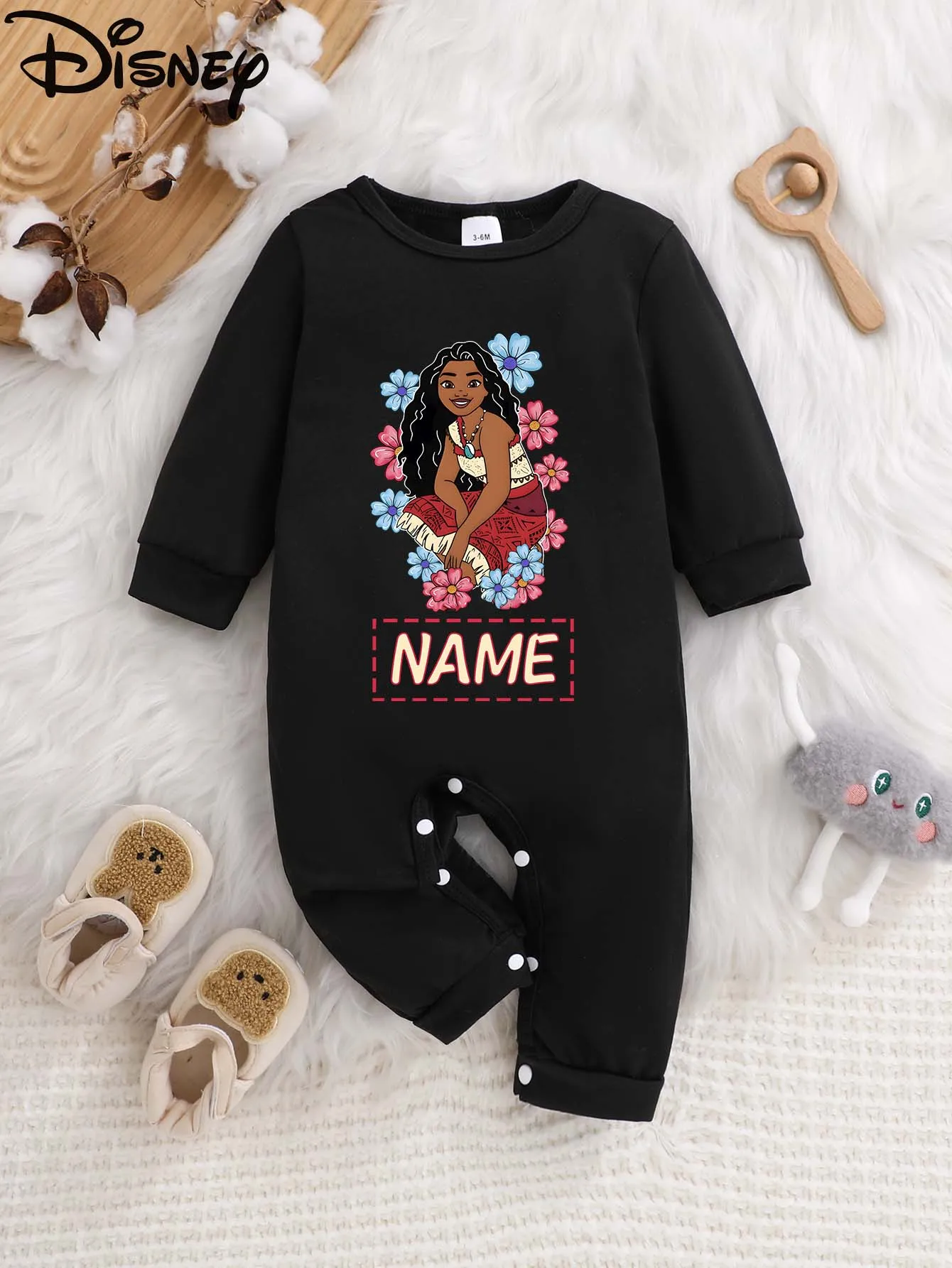 

【Официально лицензированный】 Комбинезон с длинными рукавами Disney Moana Baby — имя, настраиваемое, мягкое и легко ухосное ткань