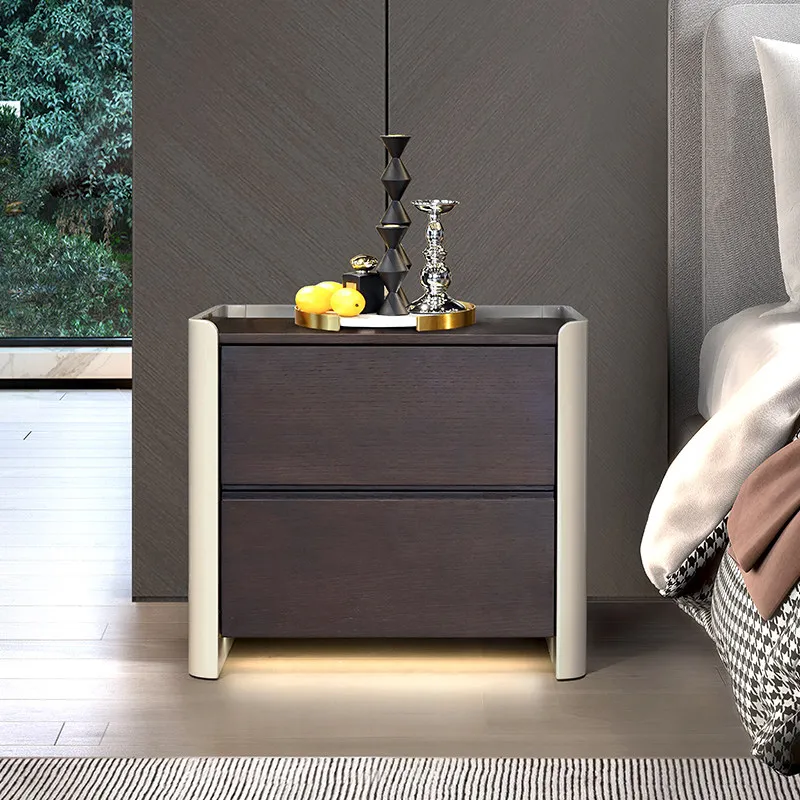 Italian modern bedroom locker, Nordic minimalist smoked wood sensor lamp bedside table