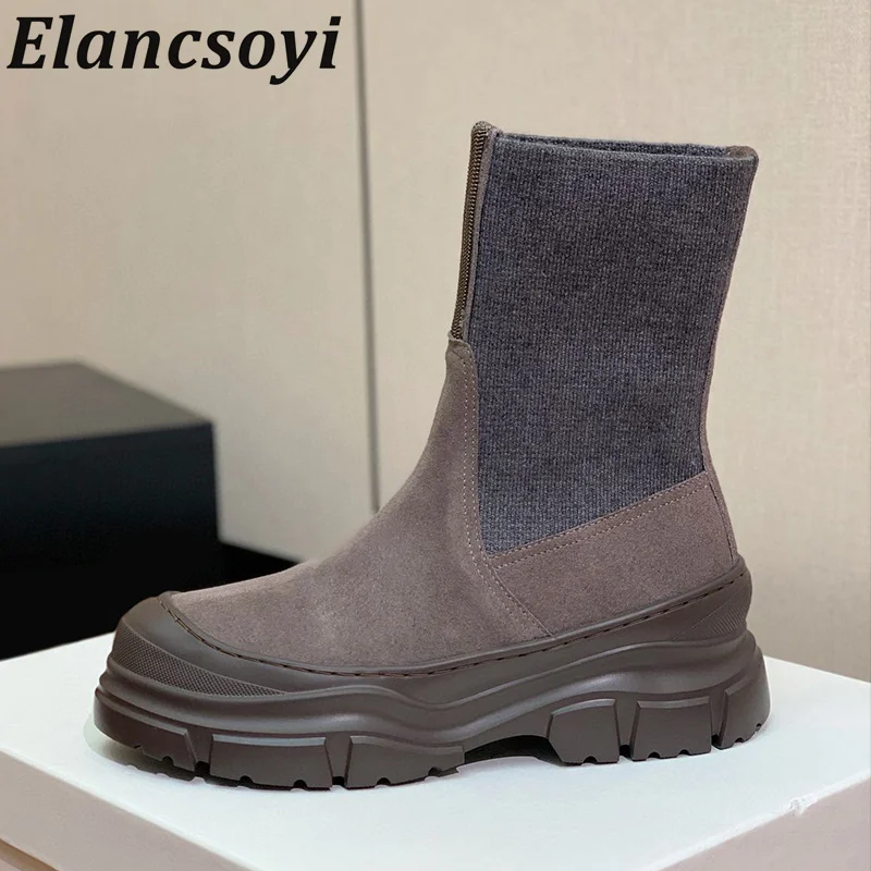 

Autumn Winter New Round Toe Patchwork Short Boots Women's Metal Bead Thick Soled Elastic Boots Fashionable Chelsea Boots 2024