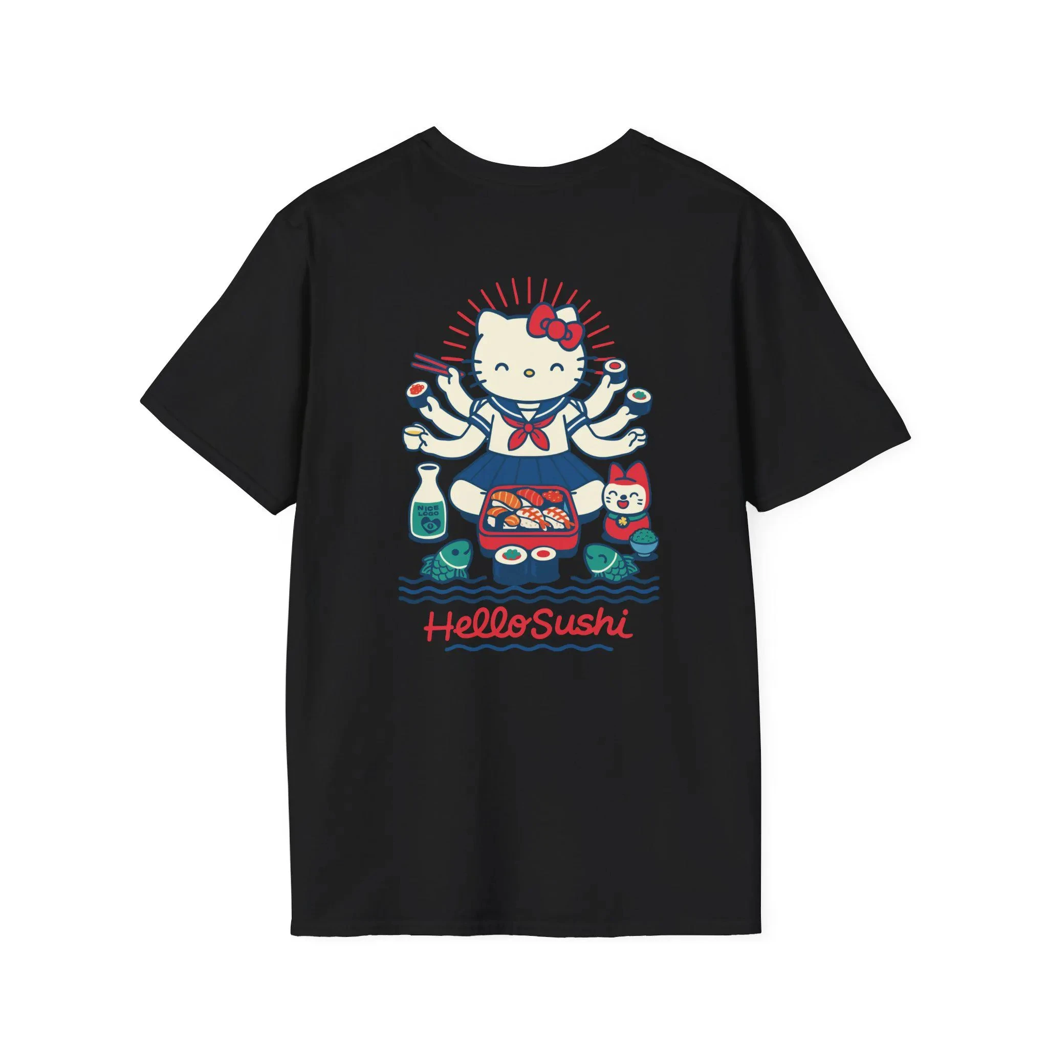 Hello Sushi Hello Kitty T-Shirt Cute Cartoon Japanese Sushi Graphic Tee Cotton  Short Sleeve Shirt Unisex Y2K Kawaii Top