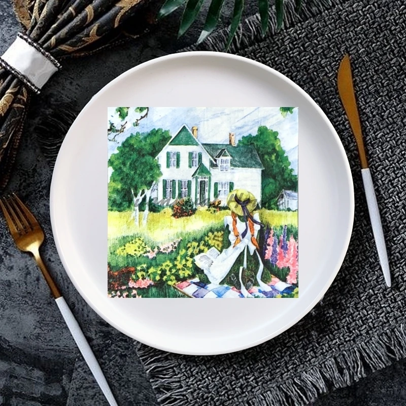 レトロな田舎のテーブルナプキン、花の村のナプキン、女の子のティッシュ、デコパージュ、パーティー用品、25x25cm、1パックあたり20個