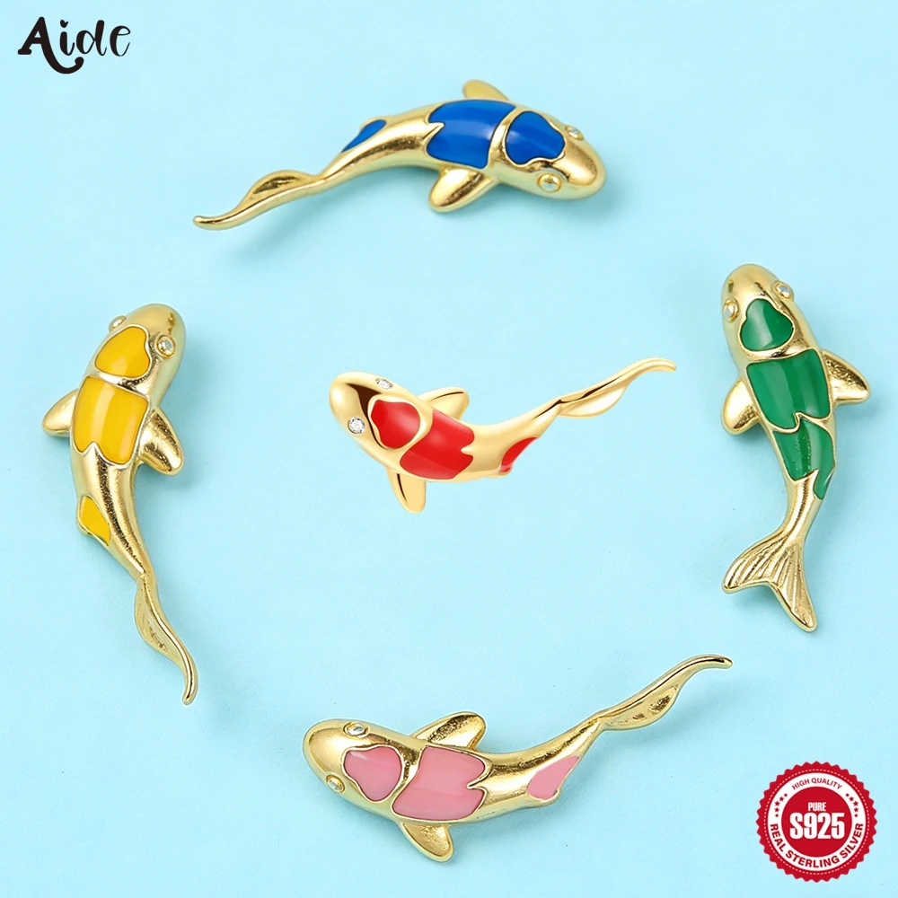 Aide S925 Sterling Silber Koi-Fisch Ohrstecker Vergoldet Emaille Mehrfarbig Ohrschmuck für Frauen Niedliche Piercing-Accessoires
