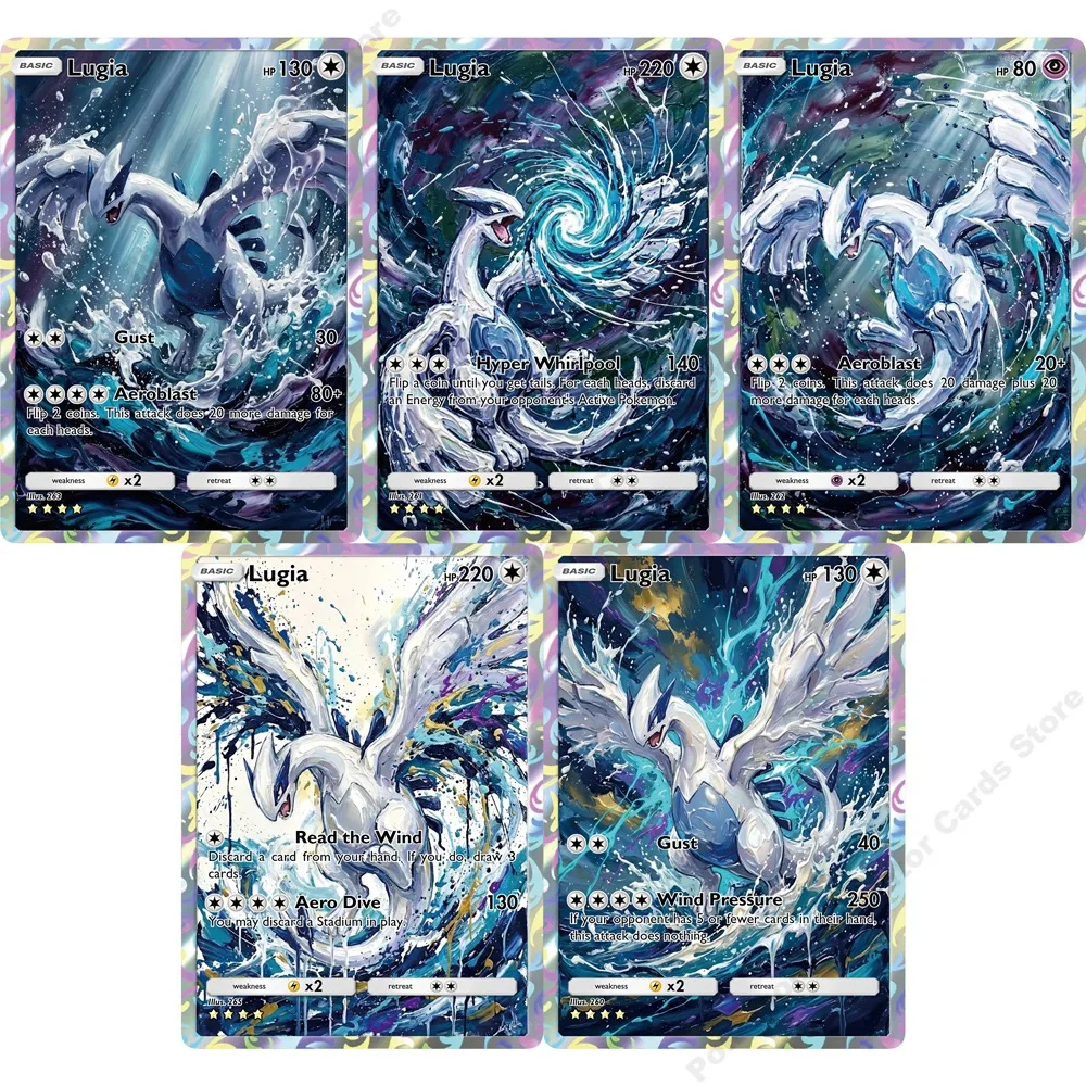 5Pcs Pokemon Cards Lugia PTCG Rare Holographic Anime Game Cards Collection Shining Flash Creativity Lugia Pokemon Cards Gift