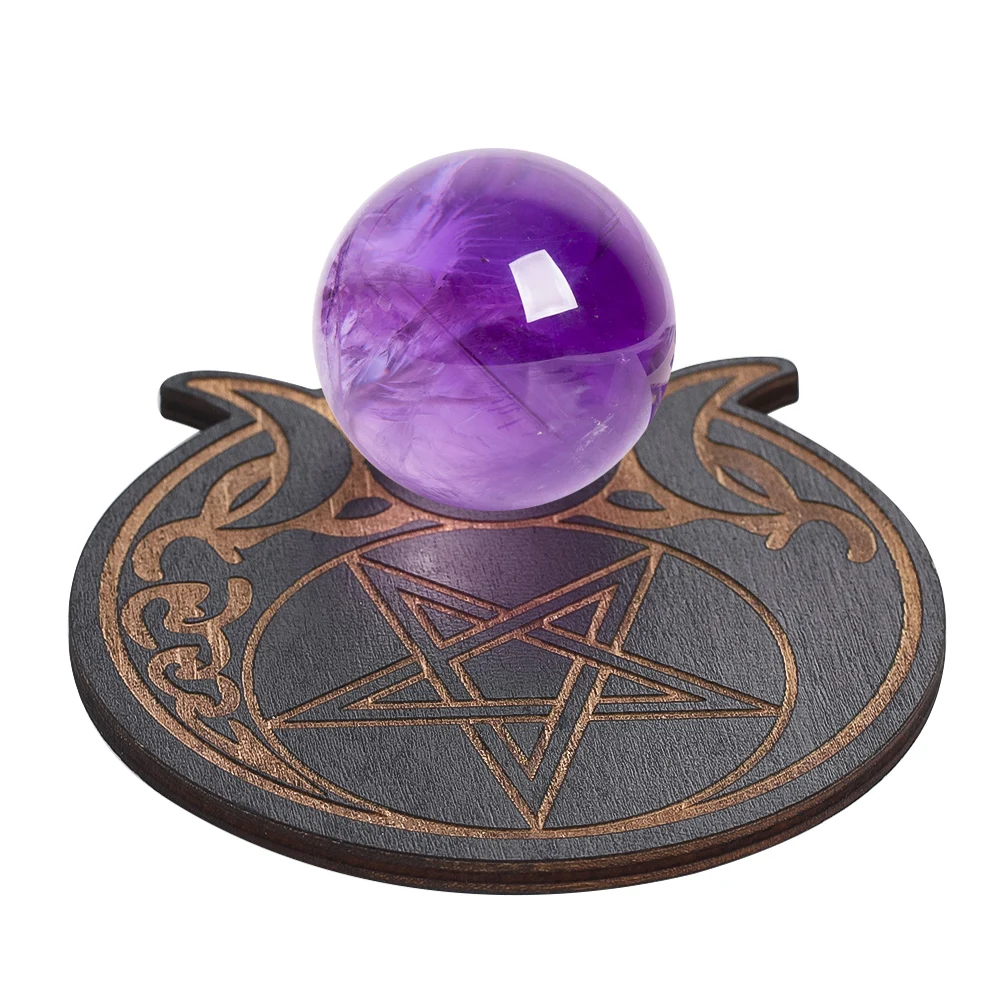 Triple Moon Crescent Laser Engraving Pentagram Stars Wood Plank Crystal Ball Display Stand Witchcraft Wiccan Board Props