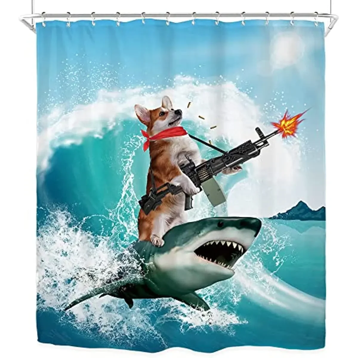 Funny Kids Shower Curtains For Bathroom Decor Corgi Cute Dog Riding Shark Nautical Ocean Boys Animal Hilarious Fabric Polyester