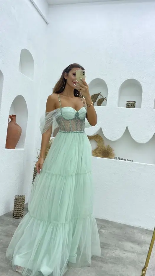 Msikoods 그린 댄스 파티 드레스 코르셋 끈이 없는 계층화 된 슬릿 공식 가운 섹스 이브닝 드레스 우아한 파티 드레스 드레스 맞춤형