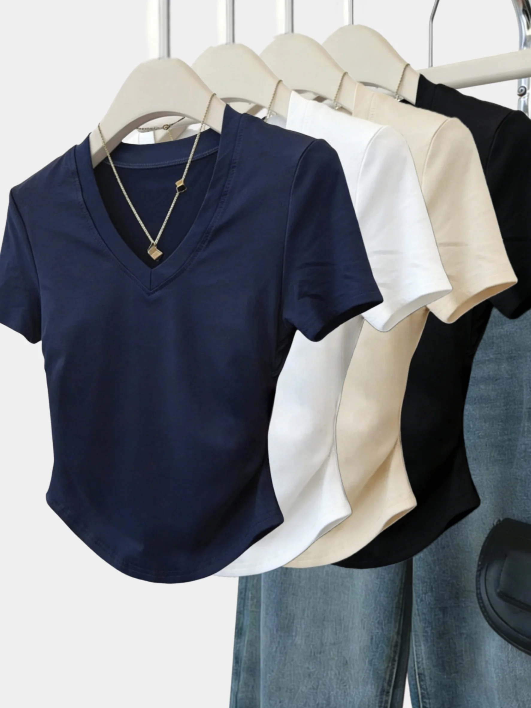 Women 4 Pack V Neck Short Sleeve Crop Top Set Casual Curved Hem Form Fitting T-Shirt Set