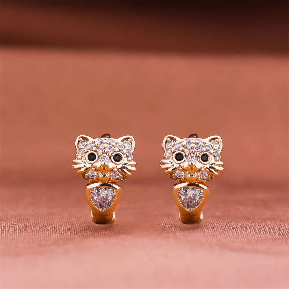 DCKAZZ Cute Cat Round Earring Luxurious 585 Rose Gold Color Inlay Natural Zircon Animal Drop Earring Woman' English Jewelry