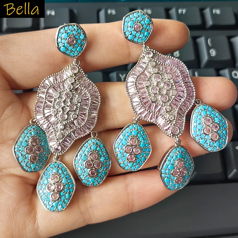 Boho Blue Cubic Zirconia Drop Earrings Statement Tassel Chandelier Earrings for Women