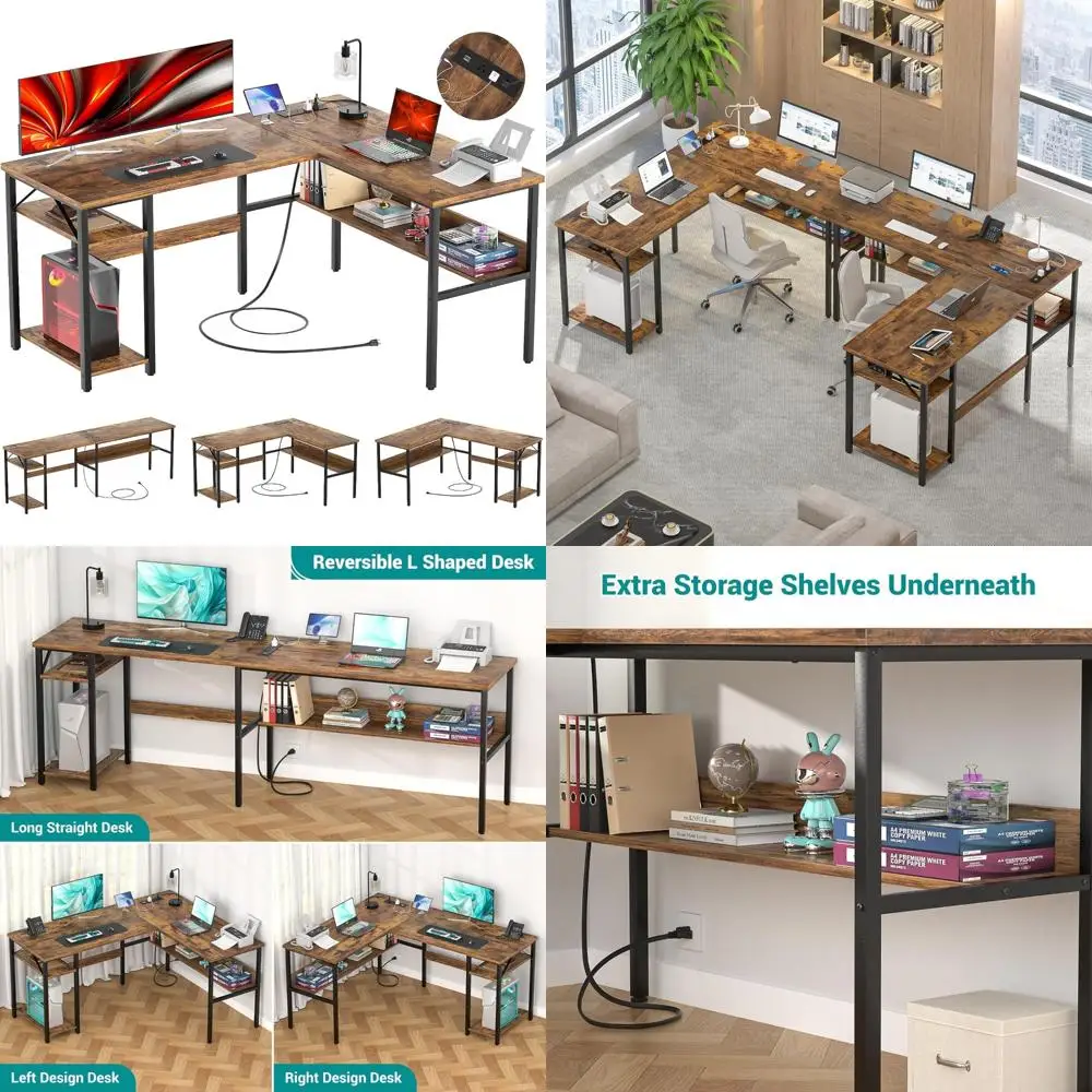 Modern Corner Desk with USB Ports and Power Outlets, Sturdy L-Shaped Computer Desk for Home Office with Storage Shelf