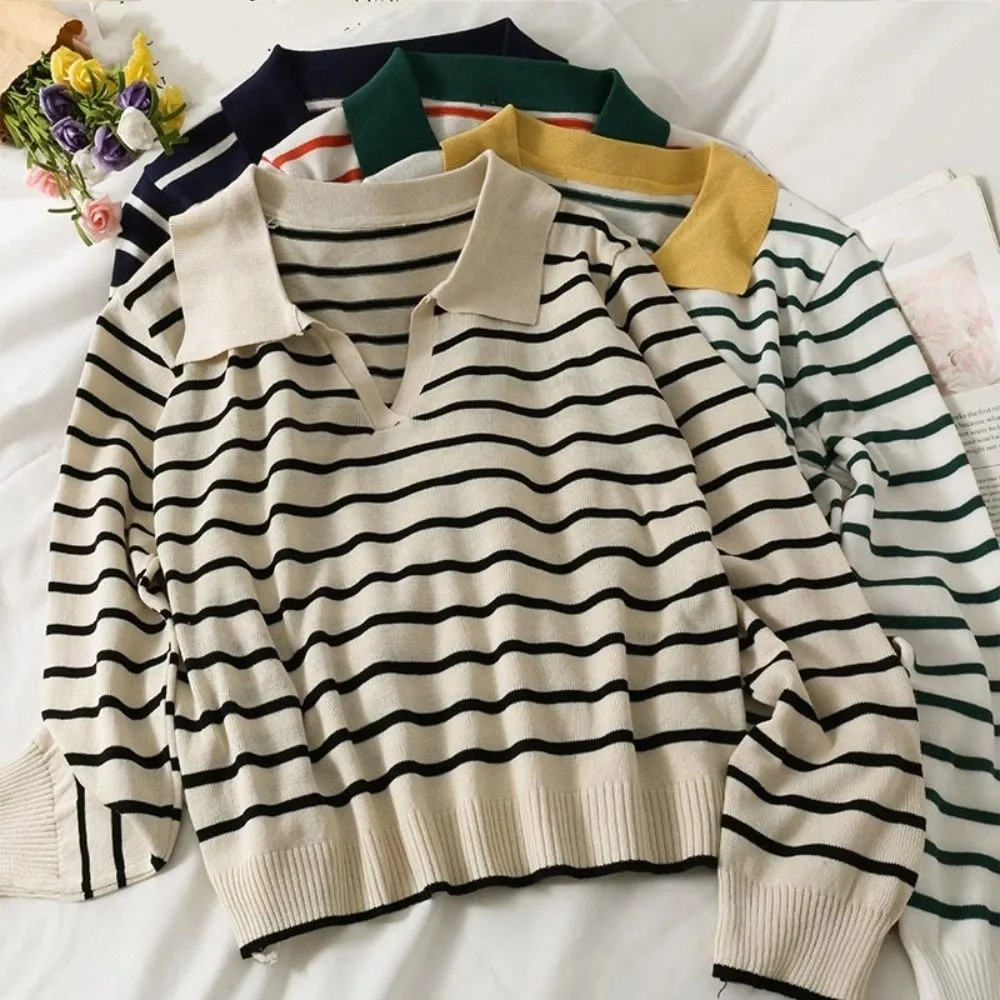 Elegante decote em v listra manga longa topo fino ajuste fino y2k retalhos malhas lapela pulôver listra camiseta mulher