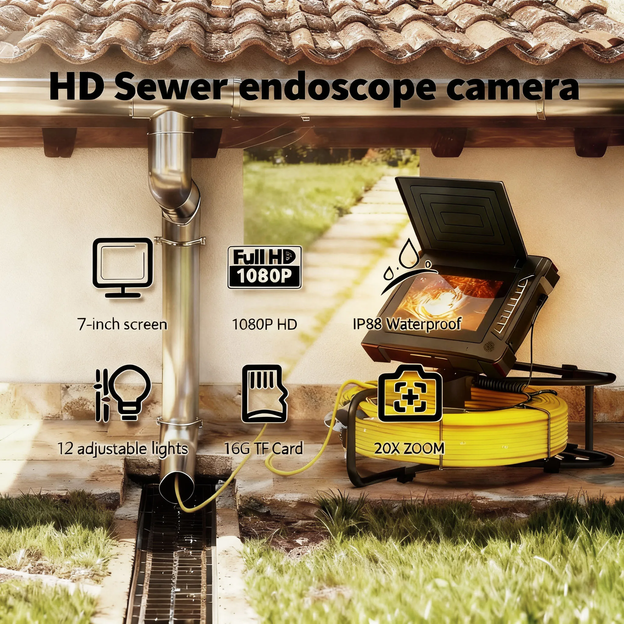 

waterproof endoscope camera high - definition: AHD 1080P,20X Zoom and DVR Recording 12 LED Lights 16GB TF Card