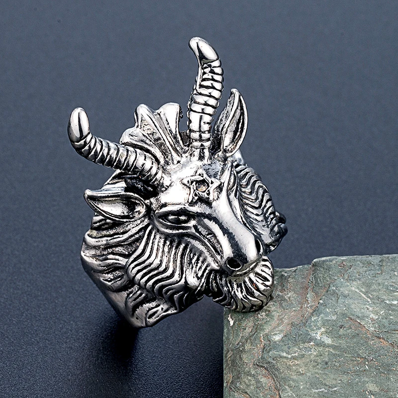 خاتم رجالي من خليط معدني برأس الماعز Baphomet ، مجوهرات بانك قوطي خماسي شيطاني ، خاتم هيب هوب للدراجات النارية بلون فولاذي لهدايا ماني