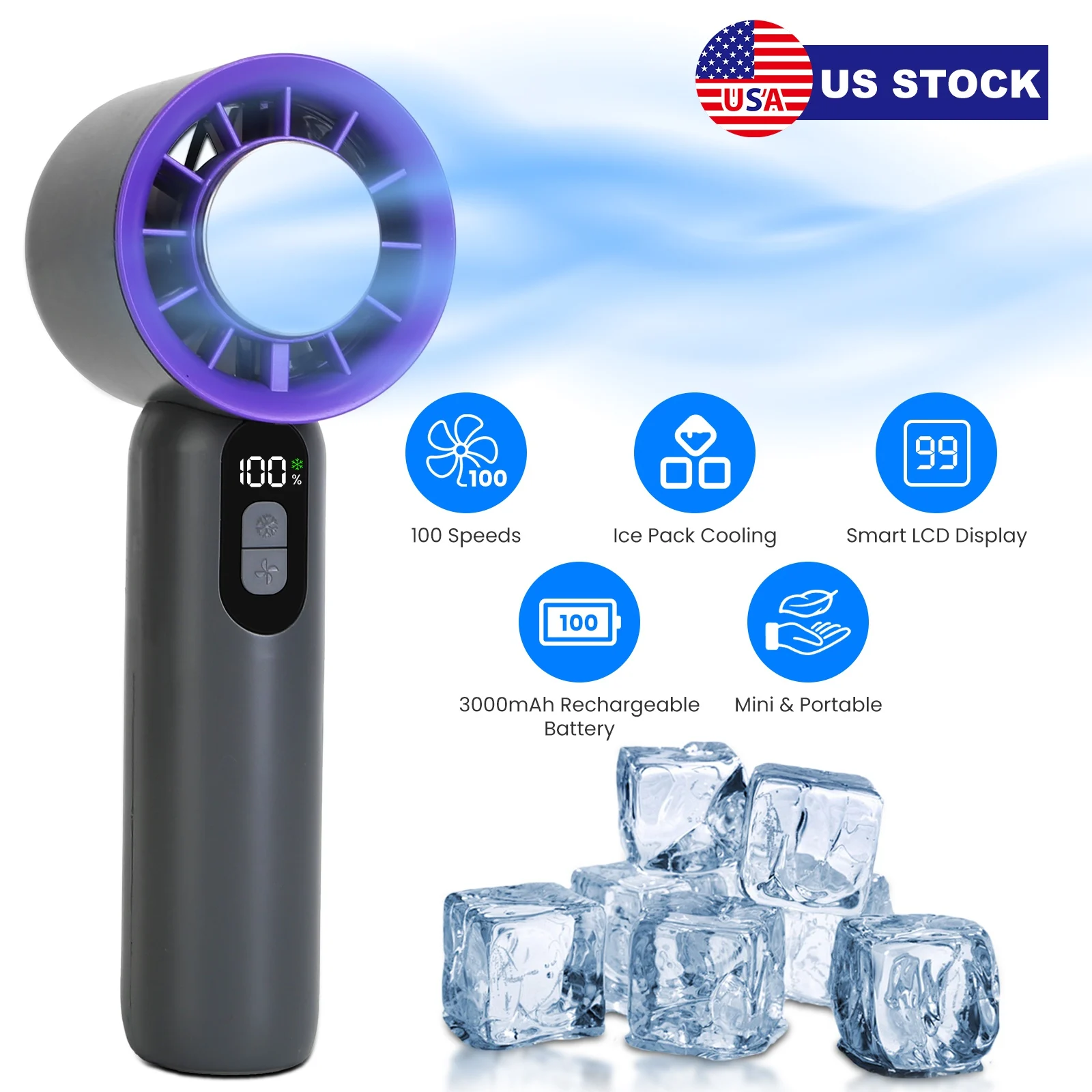 

US Stock 100 Speed Portable Handheld Fan with Ice Cooling Compress Turbo Personal Hand Fan USB Rechargeable 3000mAh Mini Air Cooler with LCD Display for Outdoor Travel Camping Beach Fast Delivery